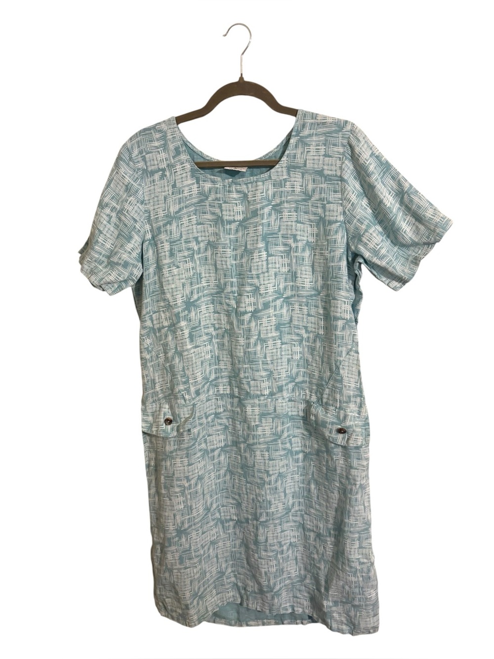 Vintage 90s Click Blue Patterned Shift Dress 100% Linen Large